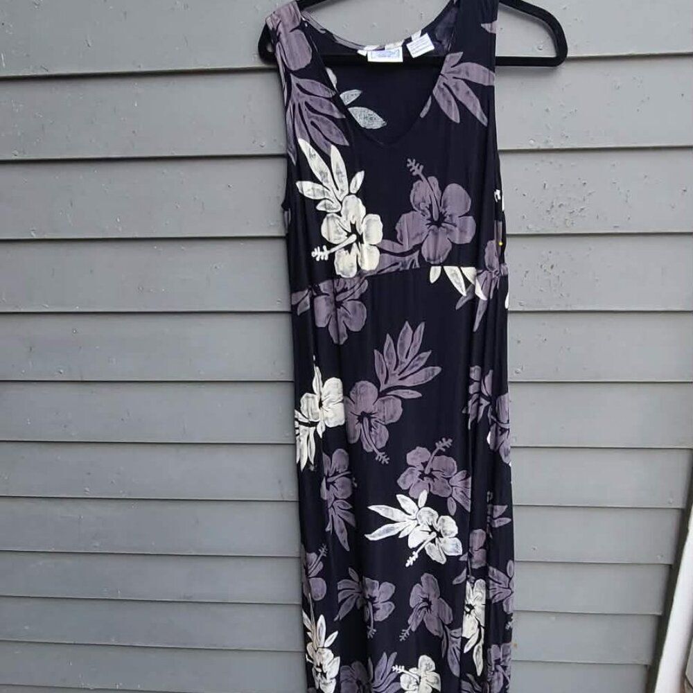 Back East 100% Rayon Black Gray White Hibiscus Maxi Dress size Large